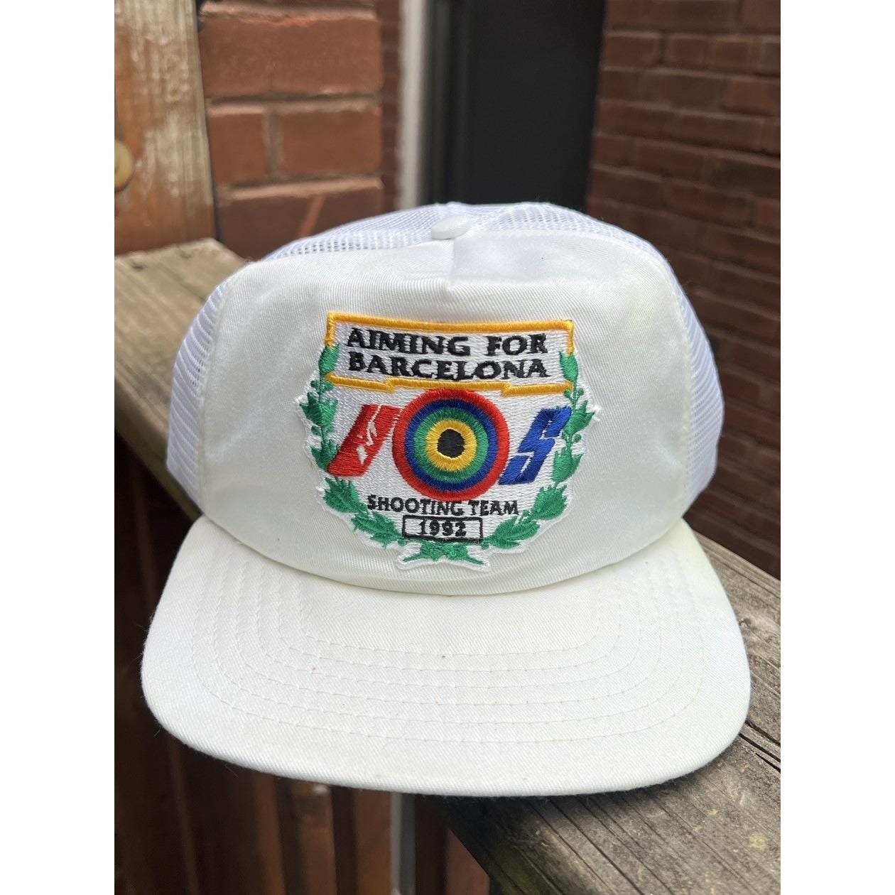 Vtg 90s 1992 Olympics Aiming For Barcelona Shooting Team Cap Trucker Hat White Vtg 90s 1992 Olympics Aiming For Barcelona Shooting Team Cap Trucker Hat White
